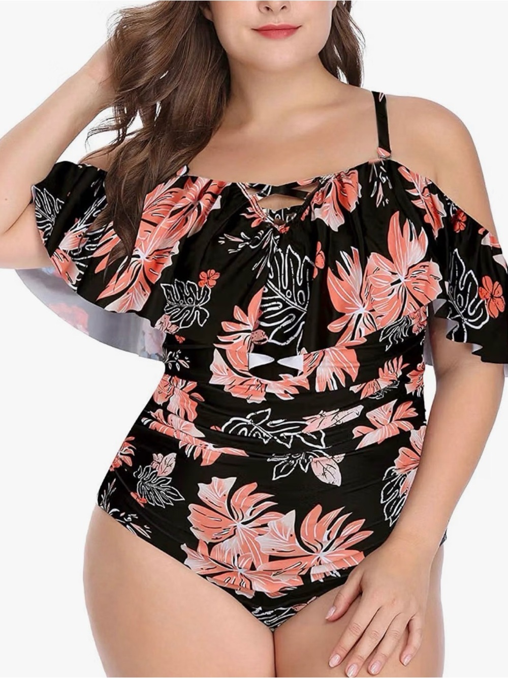Plus Size Black Floral Ruffle One-Piece Swimsuit - Kids Swim